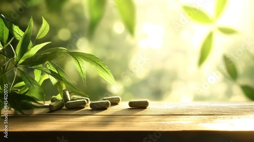 Serene arrangement of herbal capsules and cannabis leaves on a wooden surface for tranquility