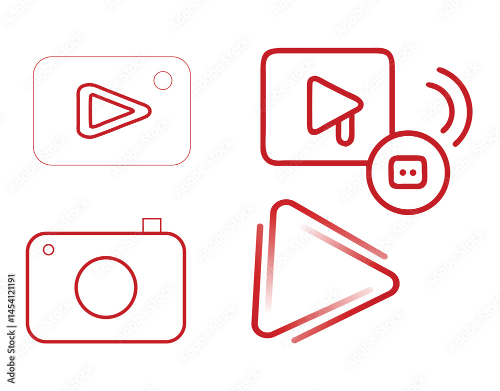 Red outline icons representing video playback, camera, and streaming. Red outline icons representing video playback, camera, and streaming.