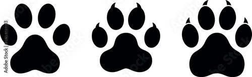 Three Black Paw Prints Dog, Cat, and Wild Cat Footprints. Illustration showing three black paw prints a dog paw, a cat paw, and a wild cat paw, differing in claw detail. Simple, vector graphics.