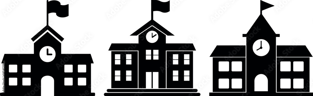 School building silhouette. three black silhouette illustrations of school buildings.
School Building Icons including Clock Tower, Flag, Education Symbols School building silhouette. three black silhouette illustrations of school buildings.
School Building Icons including Clock Tower, Flag, Education Symbols