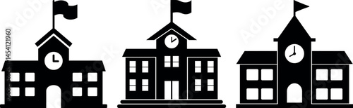 School building silhouette. three black silhouette illustrations of school buildings.
School Building Icons including Clock Tower, Flag, Education Symbols