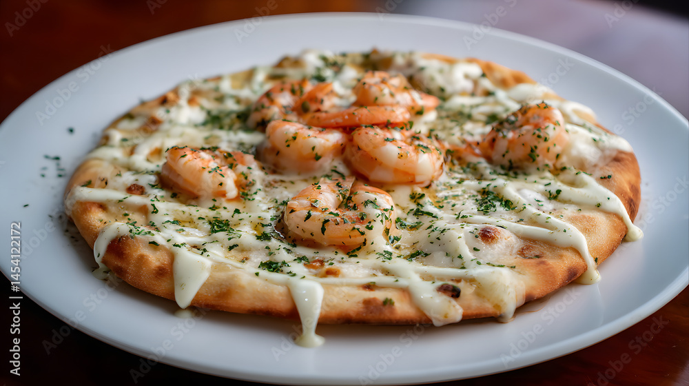 Luxurious pizza topped with fresh shrimp and creamy garlic butter sauce on a crisp golden base Luxurious pizza topped with fresh shrimp and creamy garlic butter sauce on a crisp golden base