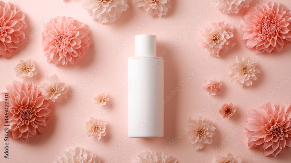 A stylish blank bottle surrounded by soft pink flowers on a pastel background. A stylish blank bottle surrounded by soft pink flowers on a pastel background.