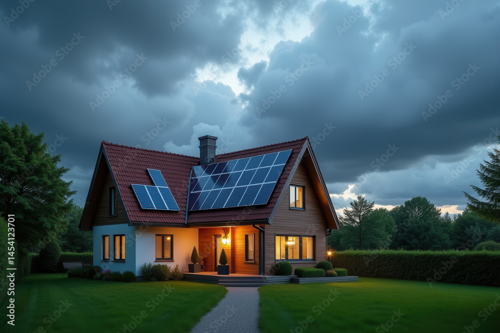 Fototapeta premium Modern Solar Powered House, Eco Friendly Sustainable Architecture, Clean Energy Living