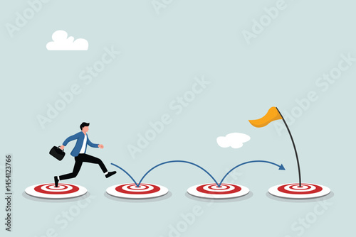 Businessman running and jumping from one target to another. Career growth and success, objective business concept.