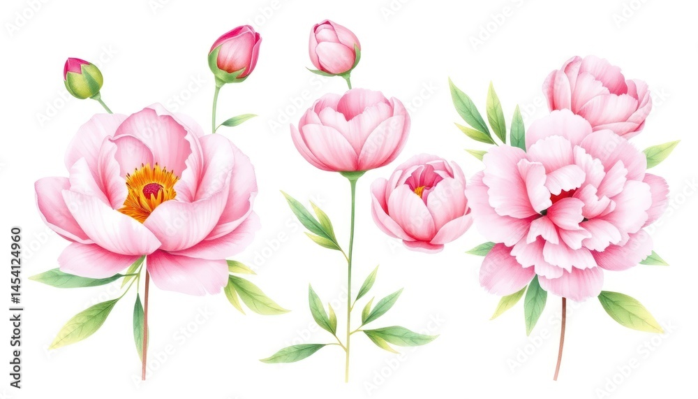 Elegant Watercolor Peony Blossom Cluster on Clean White Backdrop, Perfect for Creative Projects