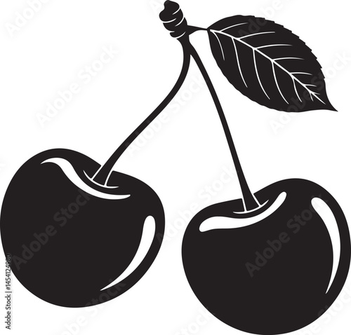 Cherry vector silhouette Illustration With Leaves and Stems