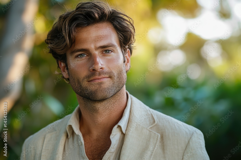A handsome man with wavy brown hair, wearing a light beige linen jacket, stands outdoors in a blurred green background. A handsome man with wavy brown hair, wearing a light beige linen jacket, stands outdoors in a blurred green background.