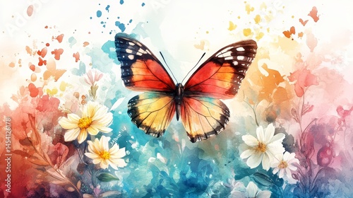 Colorful Butterflies and Delicate Flowers in Watercolor Illustration