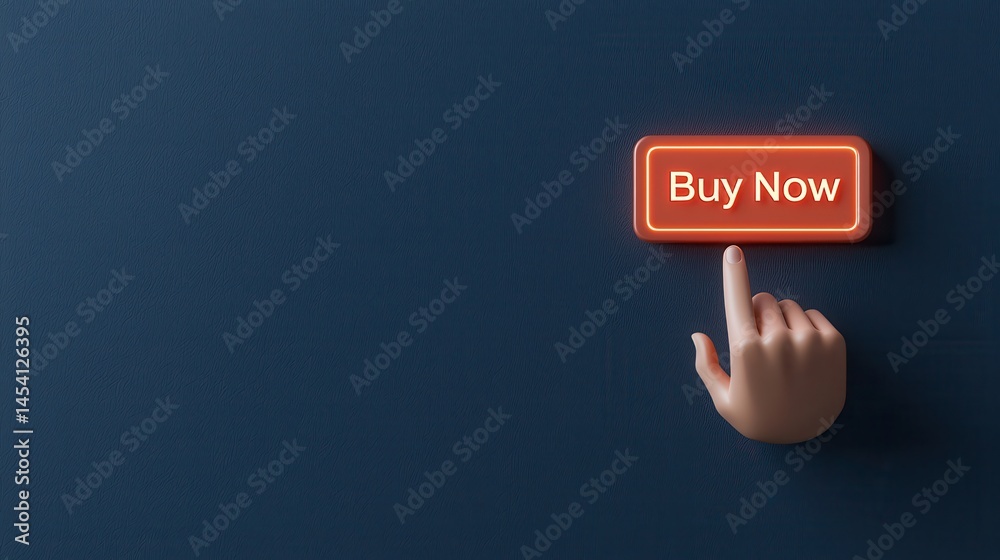 Hand Pointer on Dark Background with Neon Buy Now Button Hand Pointer on Dark Background with Neon Buy Now Button