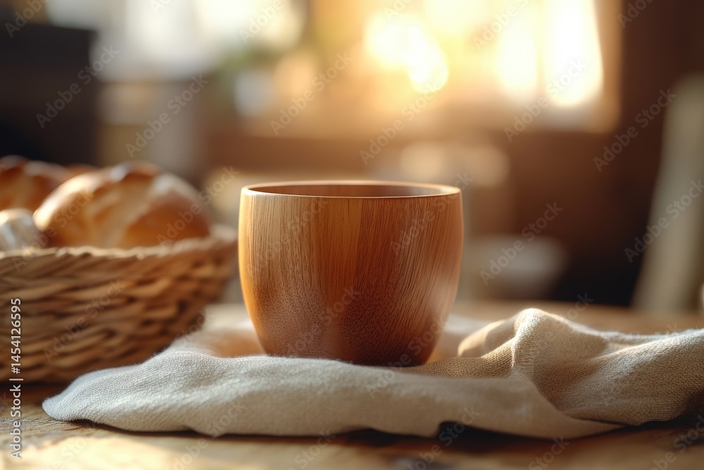Wooden mug on a table with bread in the background. Wooden mug on a table with bread in the background.