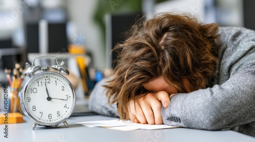 Tired Person Resting Head on Desk Beside Alarm Clock in Office