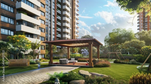 Fototapeta Naklejka Na Ścianę i Meble -  Garden area outside a tall residential building