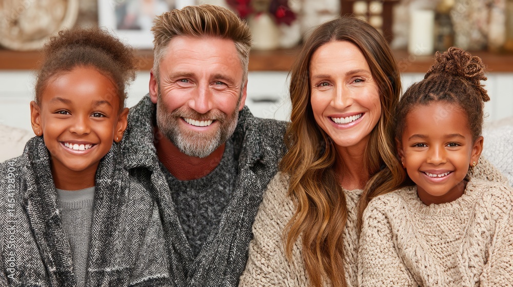 Fototapeta premium Family of four relaxes on a comfortable sofa, sharing smiles and happiness in a warm and inviting living room setup