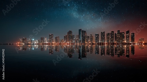 Electric towers rise above the water as neon lights reflect on the shimmering surface, all beneath a cosmic sky filled with stars