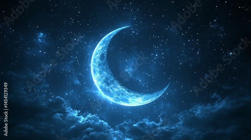 Glowing Crescent Moon in Blue Fantastical Night Sky Background