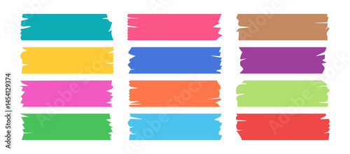 Tape adhesive, masking paper, cute sticker torn, strip rip, doodle colorful piece scrapbook, decoration tape isolated on white bg. Cut path stick. Red, blue, purple card collage. Vector illustration