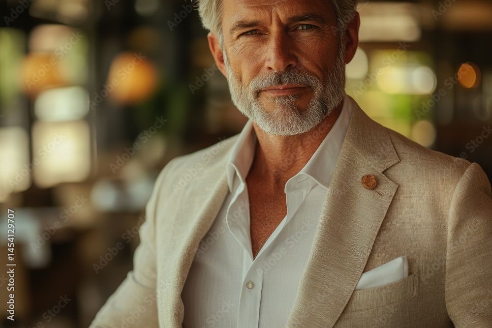 Naklejka premium Confident mature man in a beige blazer and white shirt, captured in a restaurant setting.
