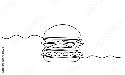 Continuous one line drawing of burger. Single line drawing of hamburger . Silhouette of fast food restaurant burger with cheese, cutlet and salad. Modern design street food logo, banner. Editable