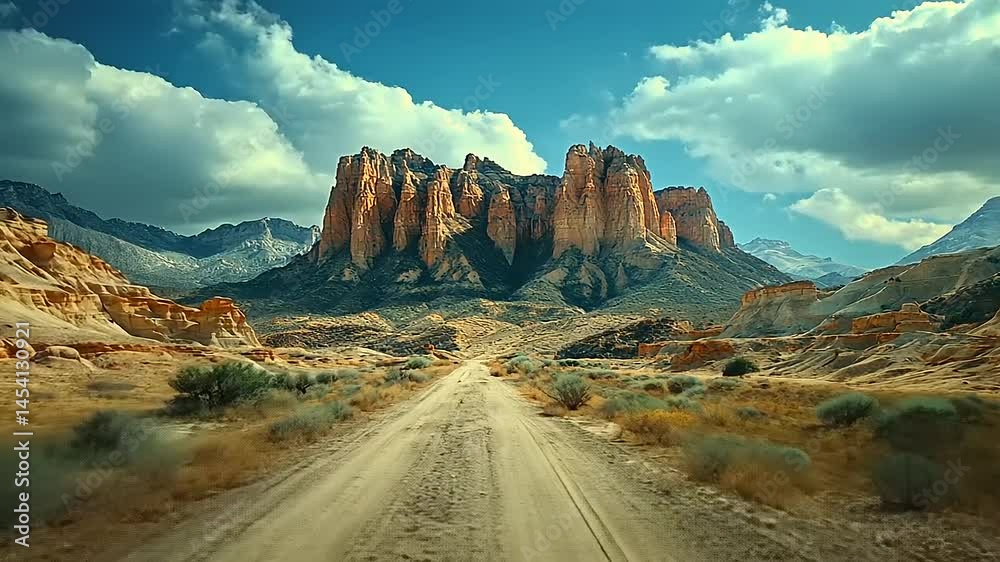 Dusty road winds through a dramatic desert landscape, with sandstone rock formations and mountains rising in the background under a partly cloudy sky