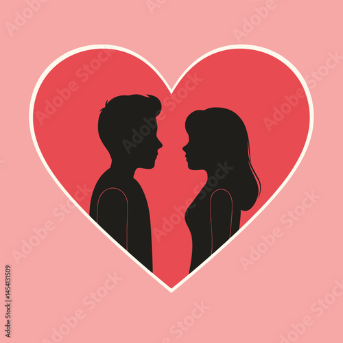 cute young couple lover boyfriend and girlfriend male and female character heart love icon silhouette vector art flat design 