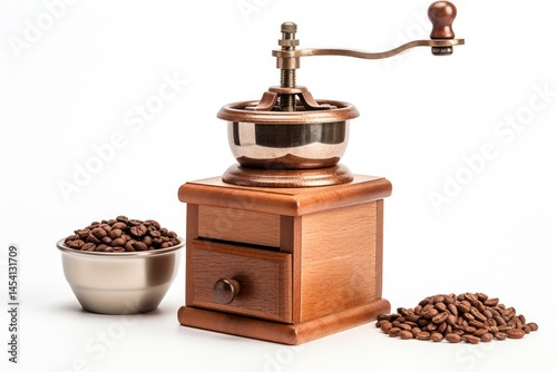 A classic manual coffee grinder with a wooden base and a metal grinding bowl, featuring a hand crank