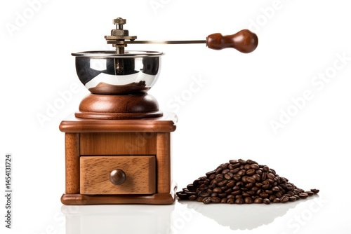 A classic manual coffee grinder with a wooden base and a metal grinding bowl, featuring a hand crank
