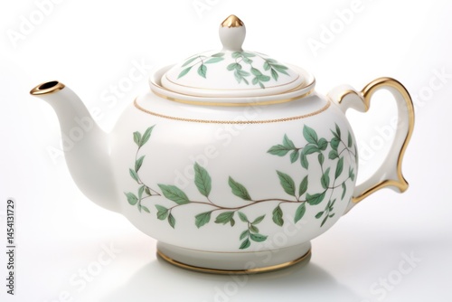A classic porcelain teapot with a delicate floral design, surrounded by fresh sprigs of mint leaves.
