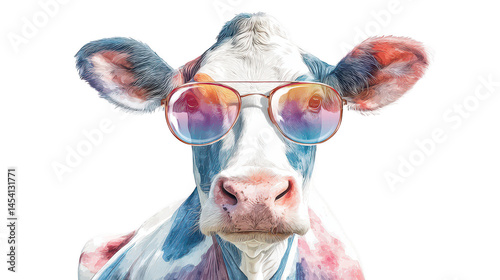 A whical watercolor painting showcases a cow wea stylish sunglasses against a white background design.