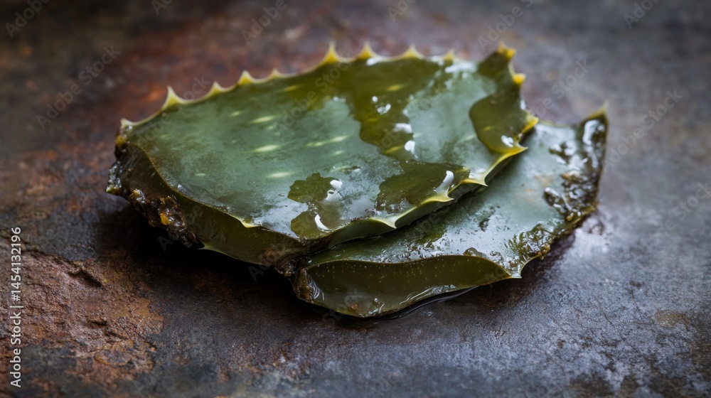 Obraz premium Close Up of Fresh Aloe Vera Leaf Slices on Dark Surface