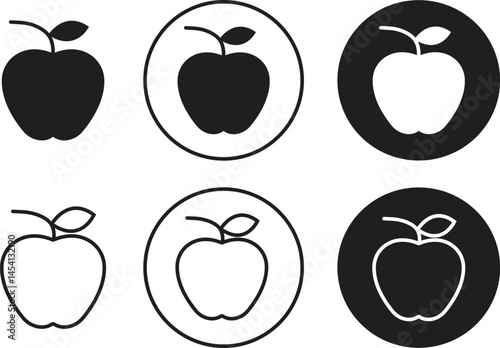 Set of black apples along with leaves icons. Healthy apple Icons in trendy flat and line styles . Fruit page symbols for your web sites designs.