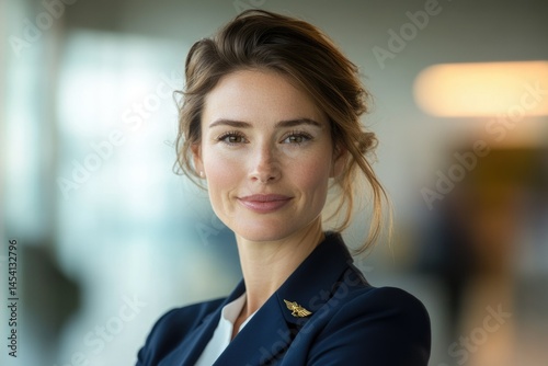 A confident young woman with light brown hair smiles gently while wearing a dark blue blazer.