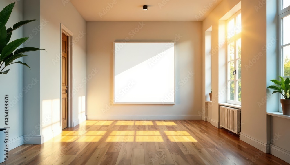 Bright, airy hall with blank poster, wood floor, overhead LED , presentation, open Bright, airy hall with blank poster, wood floor, overhead LED , presentation, open