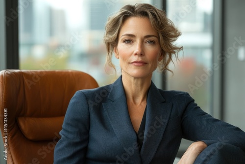 Confident businesswoman in a navy blue suit sits in a leather chair, exuding professionalism and success. Free Download Confident businesswoman in a navy blue suit sits in a leather chair, exuding professionalism and success. - GFXLoad