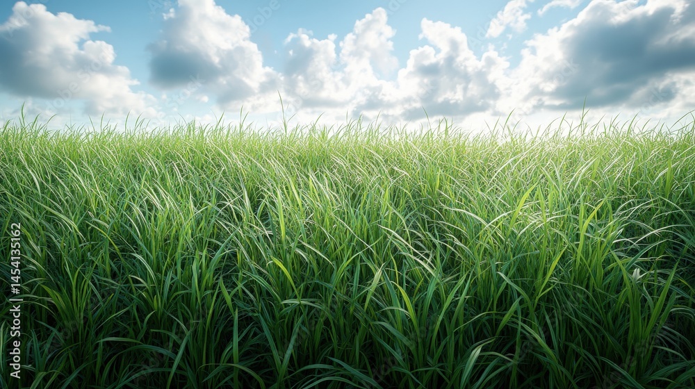 Obraz premium Green field of tall grass under a bright blue sky with fluffy white clouds