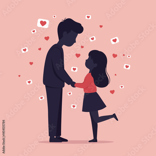 cute young couple lover boyfriend and girlfriend male and female character heart love icon silhouette vector art flat design 