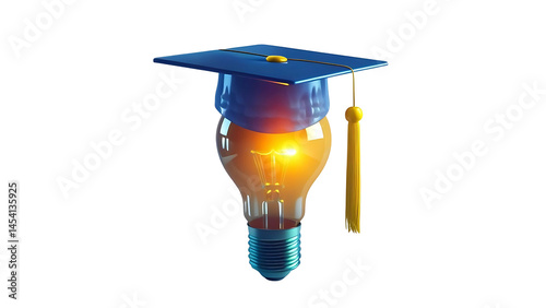 PNG lightbulb with graduation cap. Concept of education, knowledge, learning. Represents innovation, success, idea. Ideal for educational tech resources, school. cut out transparent
