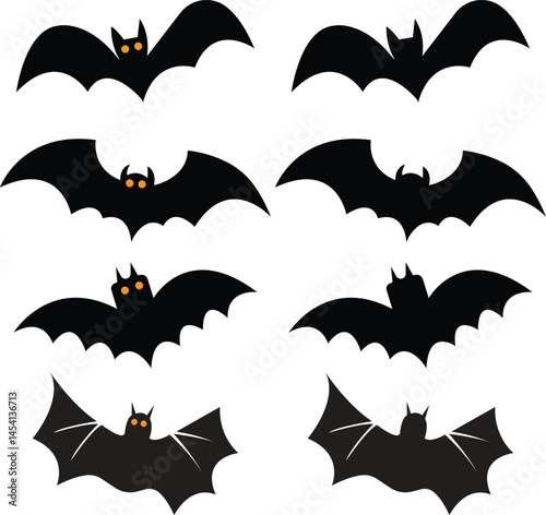 Flying Bat bird icons set. sticker with mouse for Halloween decorations. Fill icons with animal from different sides flies, hangs, sleep. horror icons. Flying fox night creatures