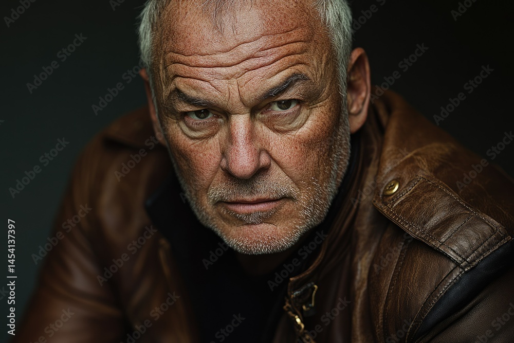 Close-up portrait of a serious, older man with graying hair wearing a brown leather jacket. Close-up portrait of a serious, older man with graying hair wearing a brown leather jacket.