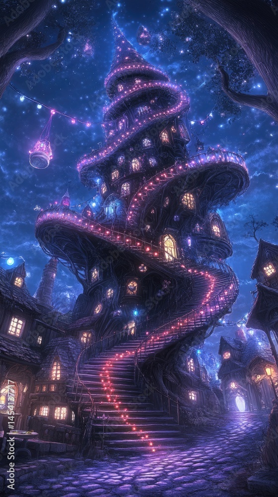 Obraz premium Whimsical, spiraling tower is lit up with warm, pink lights in a fantasy village under a starry night