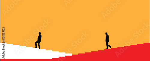 Silhouettes of Two Business People Going Up and Down on Stairs. Making a career and achieving goals vector art