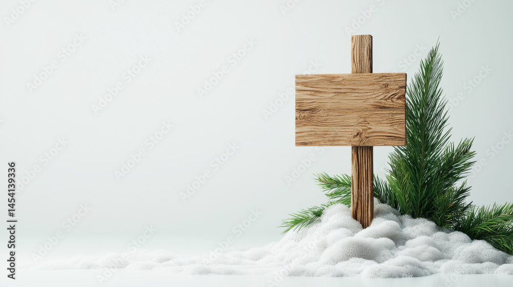 Fototapeta premium A wooden sign stands amidst fresh snow and evergreen branches, inviting seasonal messages.