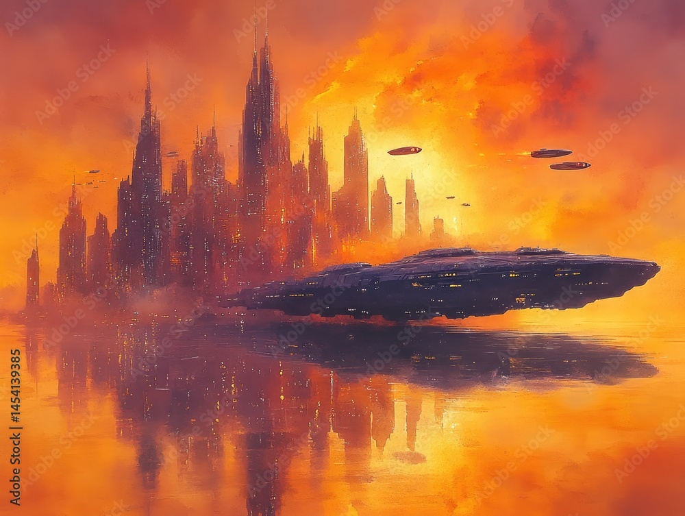 Obraz premium Futuristic city reflected on a fiery sunset. A massive spaceship floats above a city