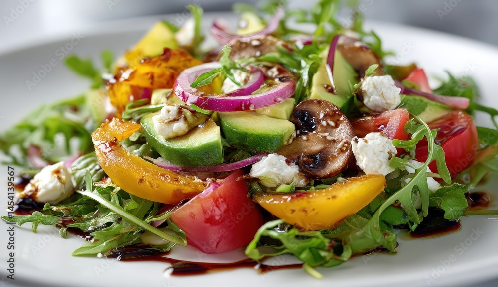 Colorful fresh vegetable salad with feta and balsamic glaze. Colorful fresh vegetable salad with feta and balsamic glaze.