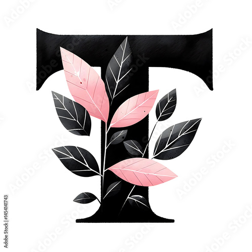 Black letter T with Watercolor pink leaves, isolated illustration. Generative ai