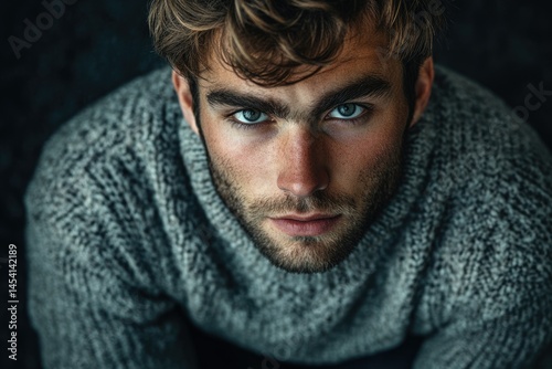 Close-up portrait of a handsome man with intense blue eyes, wearing a gray sweater. photo