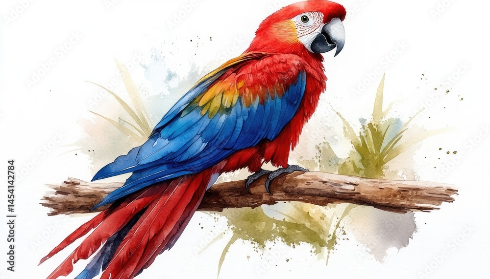Obraz premium Vibrant macaw perched on a branch, artistic watercolor style