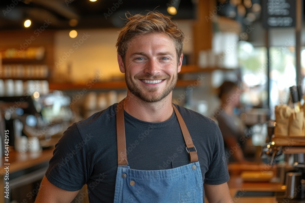 Obraz premium A friendly barista smiles warmly in a coffee shop, showcasing a welcoming atmosphere.