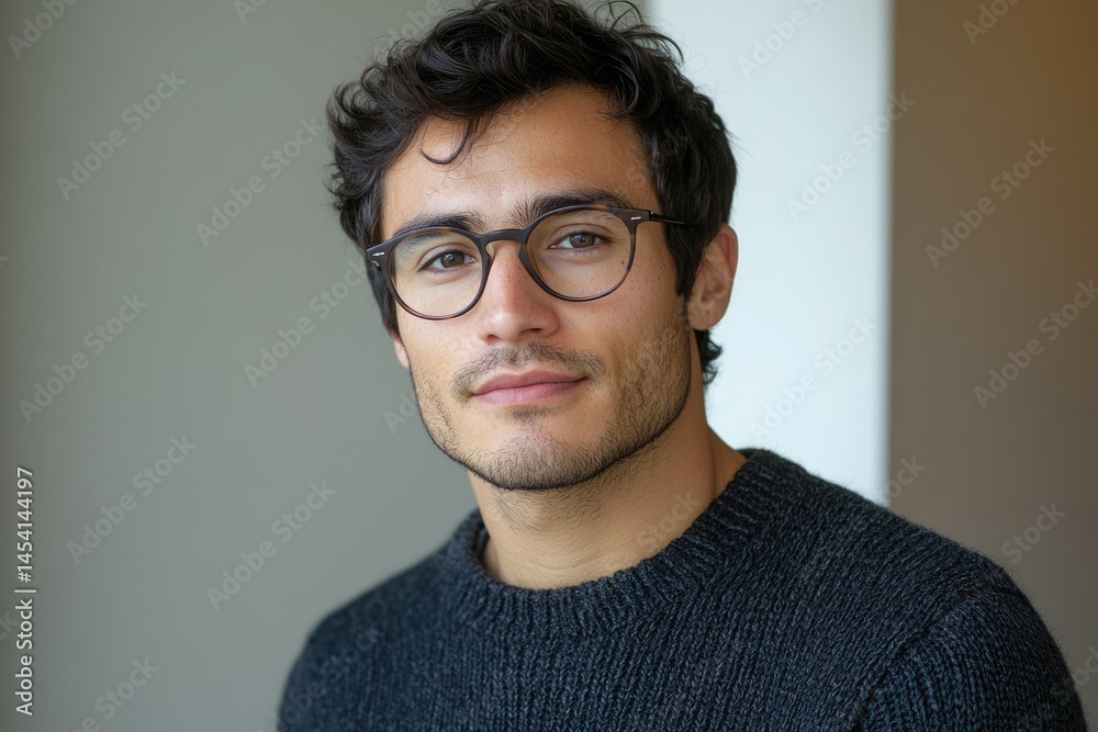Obraz premium A young man with dark hair and glasses, wearing a dark sweater, looks directly at the camera with a neutral expression.