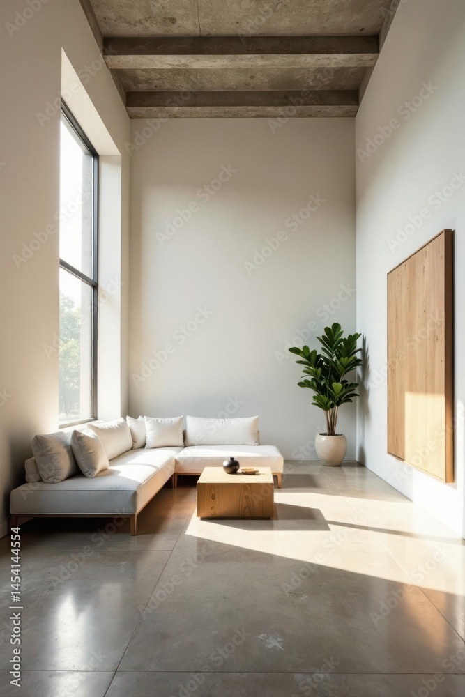 Modern Minimalist Living Room Interior Design with Large Window and Concrete Ceiling Modern Minimalist Living Room Interior Design with Large Window and Concrete Ceiling
